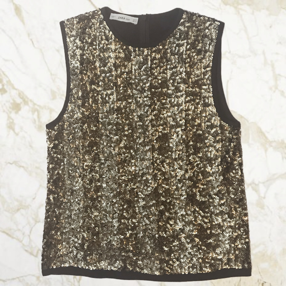 Zara Knit Gold Stripe Sequin Sleeveless Sweater